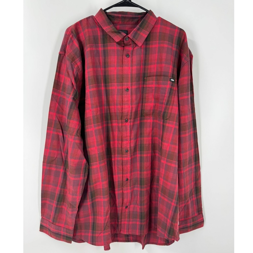 Vans Mens Crimson Cort Flannel Button Down Shirt XL Chili Pepper Red Black Plaid
